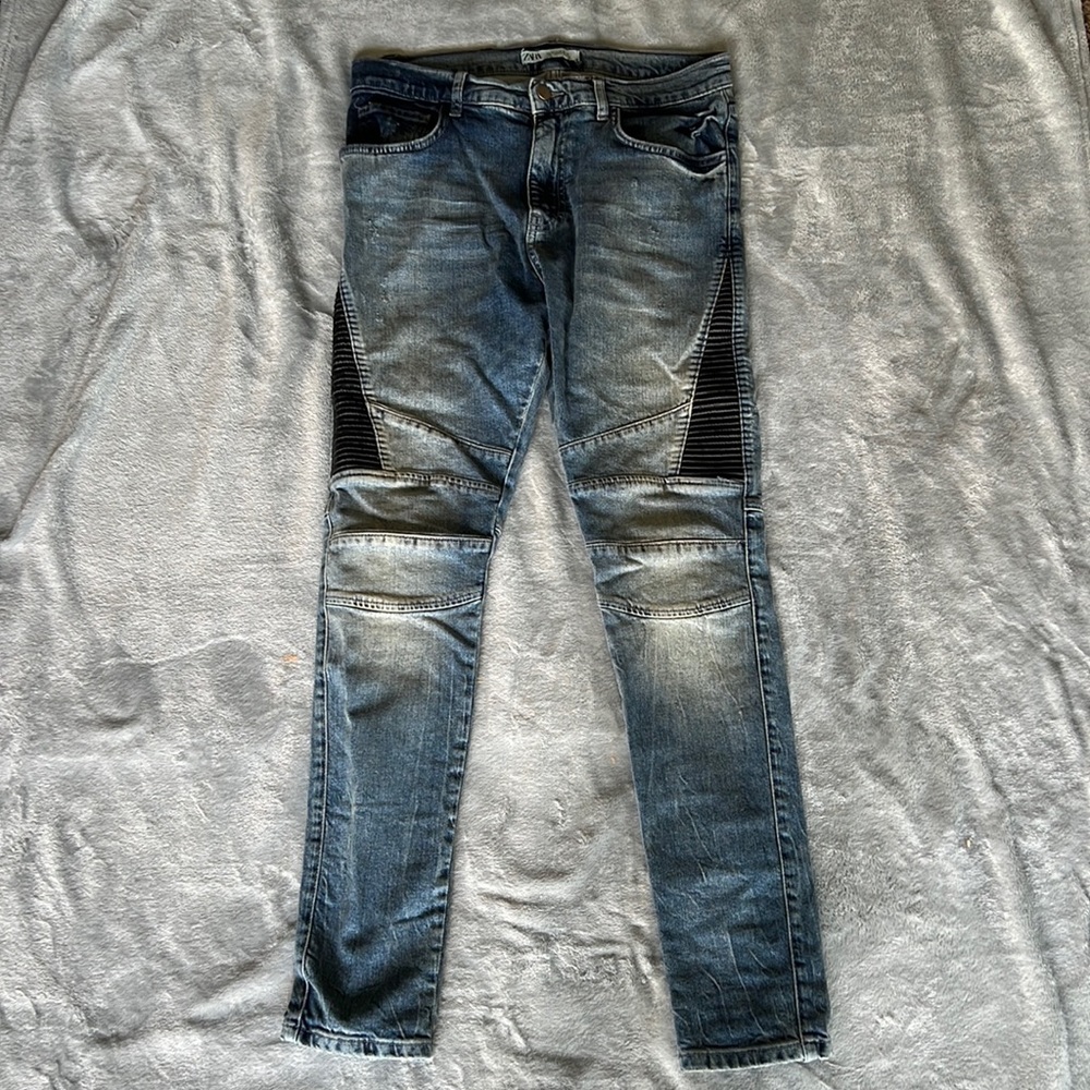 ZARA Mens Zipper Denim/Leather Skinny Jeans - Size 32